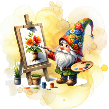 Ein gnom mit buntem Hut malt Blumen auf einer Leinwand vor einer leuchtenden Hintergrund.