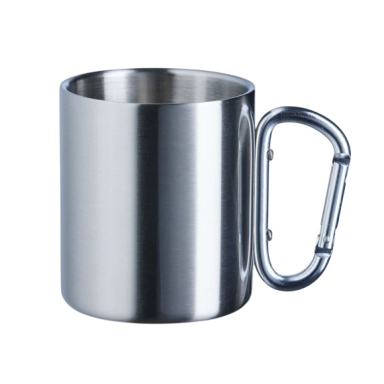 Edelstahlbecher mit Karabinergriff, glänzende Oberfläche.