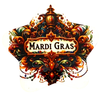 Bunte, verschnörkelte Schriftzug "Mardi Gras" mit dekorativen Elementen.