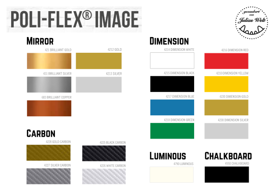 Farbmuster für Poli-Flex® Image, einschließlich Gold, Carbon, Schwarz, Grün und andere.