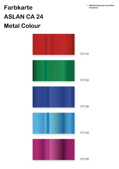 Farbkarte mit fünf Metallfarben: Rot, Grün, Blau, Himmelblau und Lila.