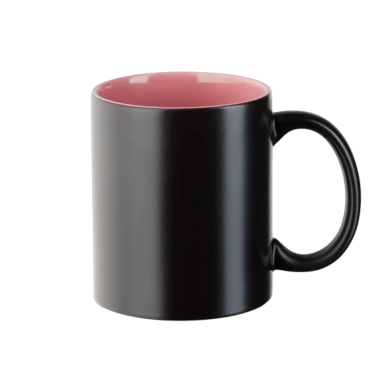 Schwarze Tasse mit pinkem Innenteil und einem stabilen Henkel.