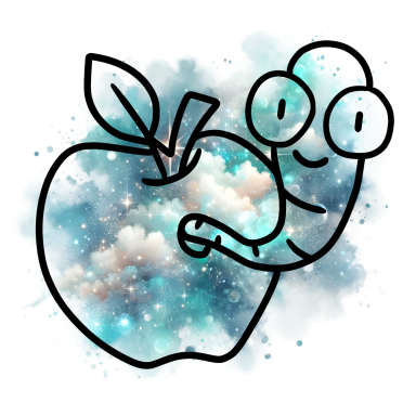 Ein fröhlicher Wurm umarmt einen Apfel vor einem bunten, galaxyartigen Hintergrund.