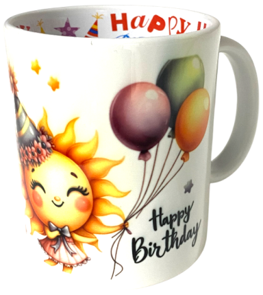 Becher mit fröhlichem Sonnenmotiv und bunten Ballons, beschriftet "Happy Birthday".