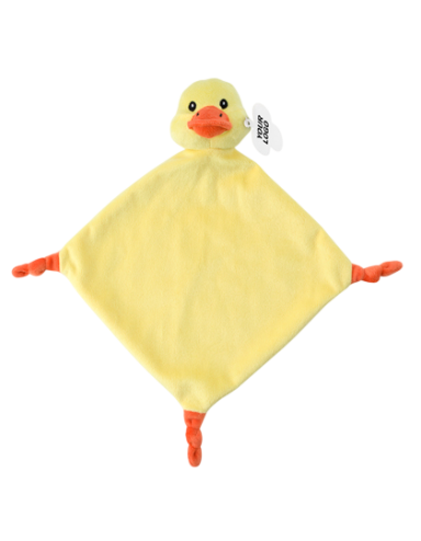Gelbes Kuscheltuch in Form einer Ente mit orangen Füßen und Kopf.
