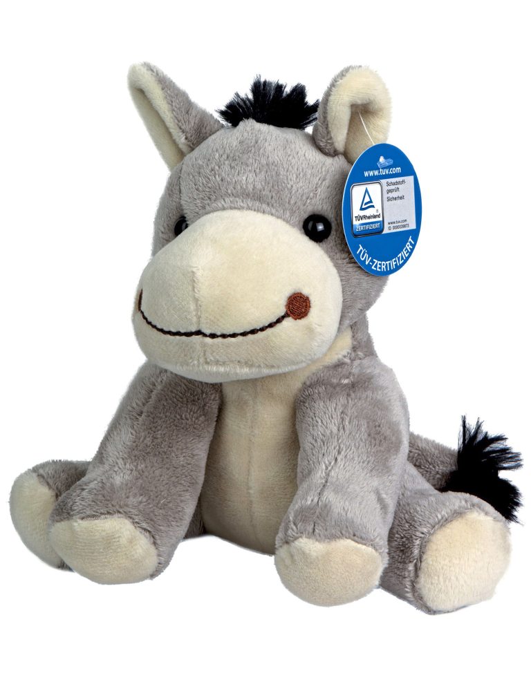Esel Alex Kuscheliges, graues Plüschpony mit schwarzem Fell an den Ohren und einem freundlichen Gesicht.
