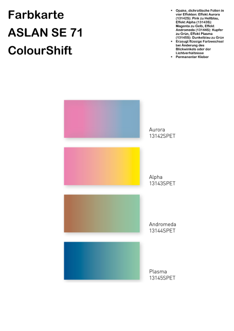 Farbkarte mit Farbtönen in Rosa, Blau, Gelb und Grün für ASLAN SE 71 ColourShift.