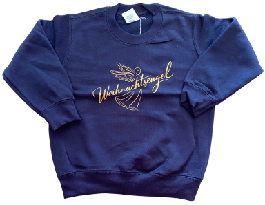 Dunkelblauer Pullover mit goldener Schrift und Motiv einer Hand.