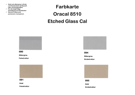 Farbkarte mit drei Farbmuster für Oracal 8510 Ätzglasfolie: Grau, transparent, beige.