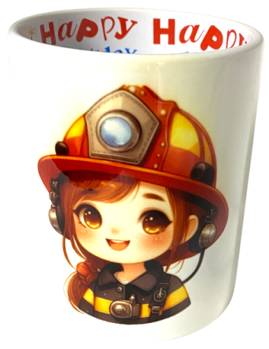 Tasse mit fröhlichem Mädchen in Feuerwehrhelm und der Aufschrift "Happy".