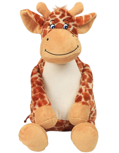 Stofftier-Giraffe mit freundlichem Gesicht, braun-gestreiftem Fell und großer Body.