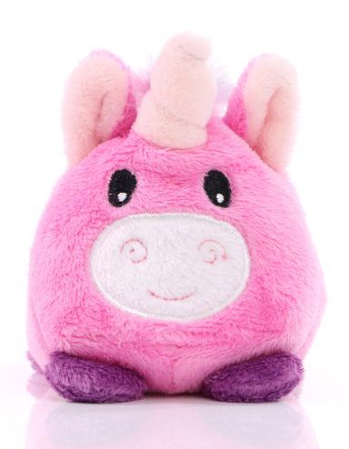 Rosa Plüsch-Einhorn mit Glitzeraugen und einem sanft geschwungenen Horn.