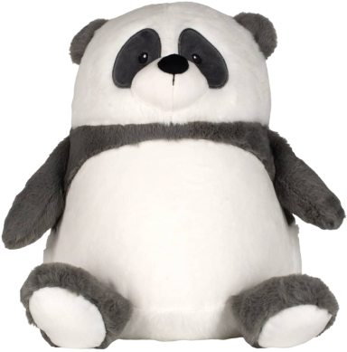 Kuschelnder, runder Panda mit schwarzen Augen und weichem, weißen Fell.