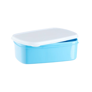 Blaue Kunststoffbox mit weißem Deckel, rechteckig und flach.