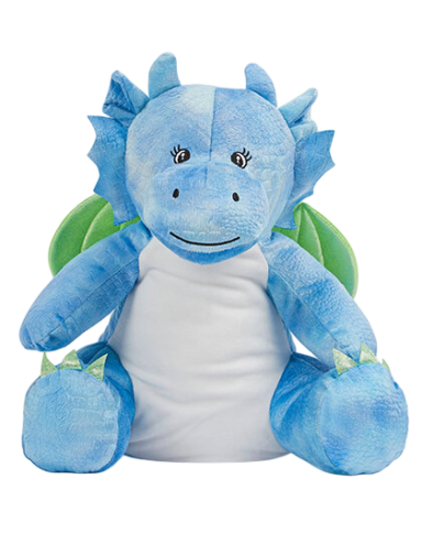 Blauer, plüschiger Drache mit grünen Flügeln und einem freundlichen Gesicht.