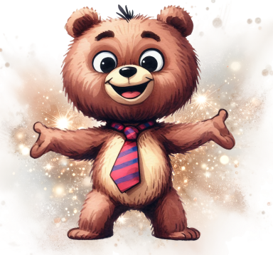 Ein fröhlicher Bär mit Krawatte, der die Arme ausbreitet und lächelt.