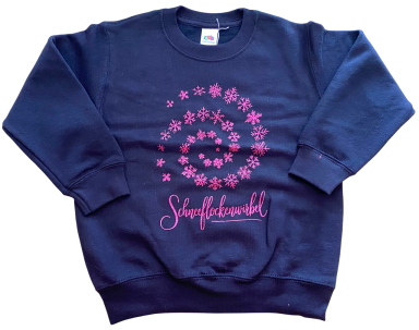 Dunkelblauer Pulli mit spiralförmigem, pinkem Muster und dem Schriftzug "Schneeflockenwirbel".