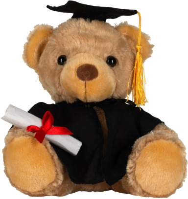 DIES und DAS Brauner Teddybär in akademischer Robe mit einer Abschlussurkunde und einem Hut.