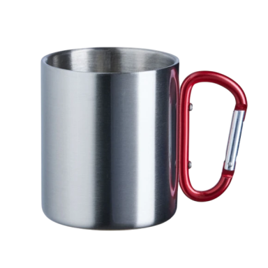Edelstahlbecher mit rotem Karabinerhaken als Griff.