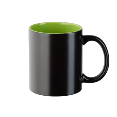 Schwarze Tasse mit grünem Innenleben und einem Henkel.