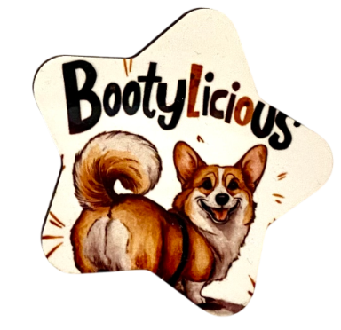 Hund mit fröhlichem Gesicht und textlicher Gestaltung "Bootylicious".