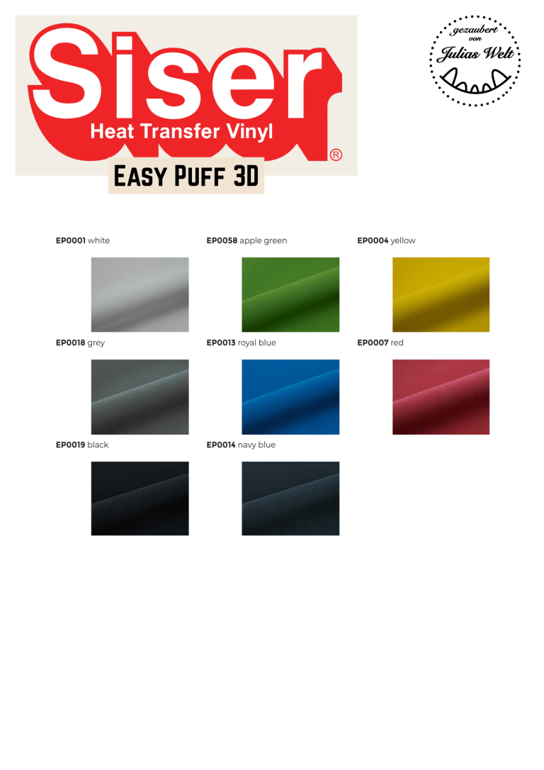 SISER Easy Puff Farbauswahl von Siser Easy Puff 3D Heat Transfer Vinyl in verschiedenen Farben.