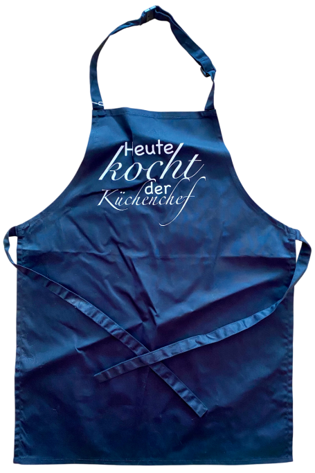 Blauer Kochschürze mit dem Aufdruck „Heute kocht der Küchenchef“.