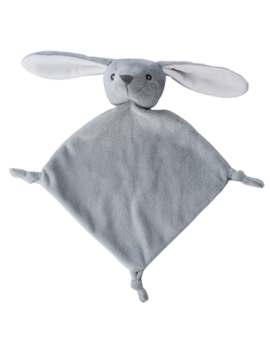 Graues Kuschelspielzeug in Form eines Hasen mit langen Ohren und einer quadratischen Decke.