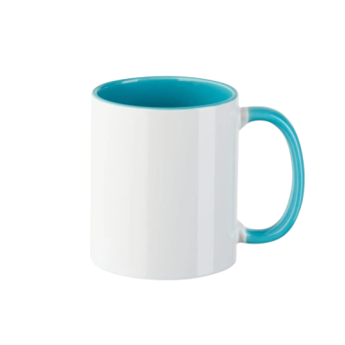 Kaffeetasse mit weißem Äußeren und türkisem Innen- und Henkelbereich.