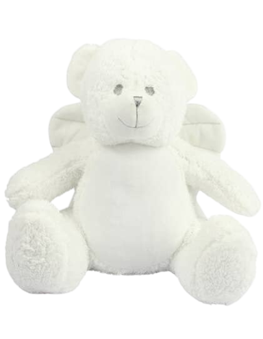 Ein weißer Teddybär mit Flügeln, sitzend und freundlich.