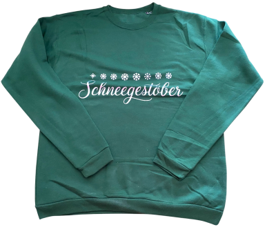 Grüner Pullover mit dem Aufdruck "Schneegestöber".
