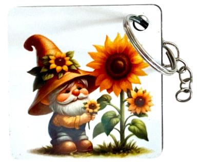 Wichtiger Zwerg mit Sonnenblume, fröhlich im Garten stehend.