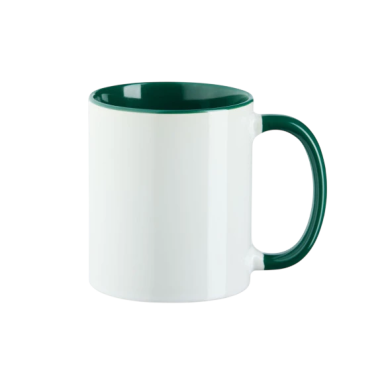 Weißer Becher mit grünem Henkel und grünem Rand.