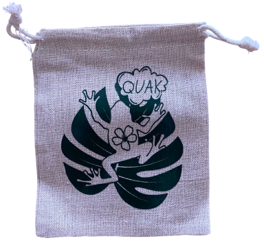 "Quak" Beiger Stoffbeutel mit grünem Frosch-Motiv und Schriftzug "QUAK".