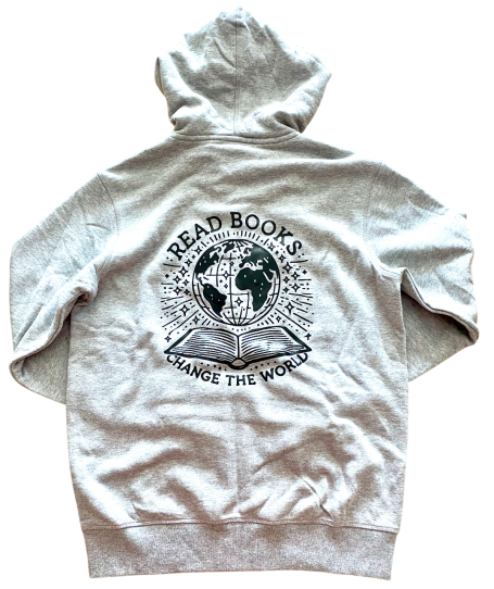 Grauer Kapuzenpullover mit Aufdruck eines offenen Buches und dem Text "READ BOOKS".