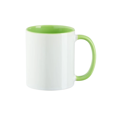 Weißer Becher mit grünem Innenteil und Henkel.