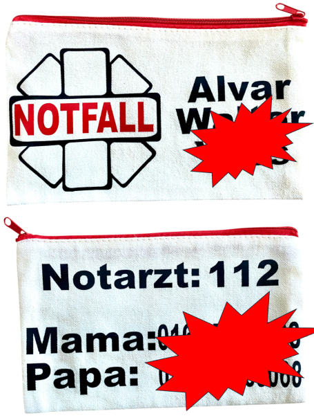 Tasche mit Notfallinformationen, inklusive Notrufnummer und Kontaktdaten.