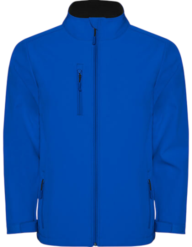 Blaue Jacke mit Reißverschluss und zwei seitlichen Taschen.