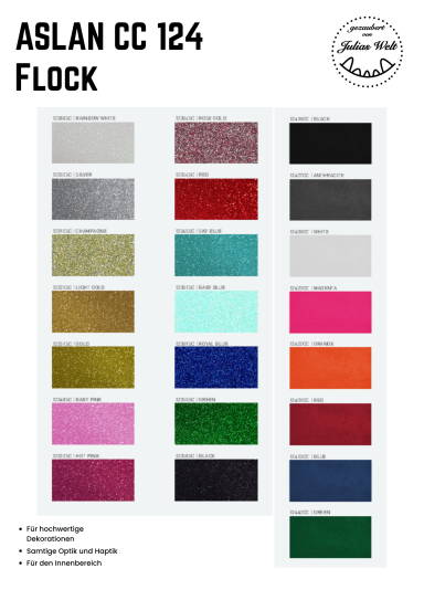 Farbenmuster von ASLAN CC 124 Flock mit 20 verschiedenen Farbnuancen.