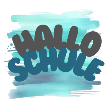 Bunte Schrift mit dem Text „Hallo Schule“ auf aquamarin Hintergrund.