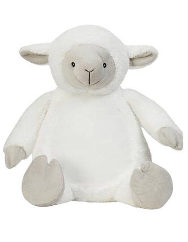 Ein weiches, plüschiges Schaf-Kuscheltier mit grauen Ohren und Gesicht.