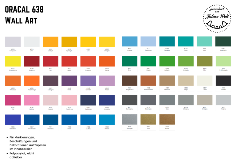 Oracal 638 Farbauswahl für Oracal 630 Wandkunst, umfasst 50 verschiedene Farbproben.