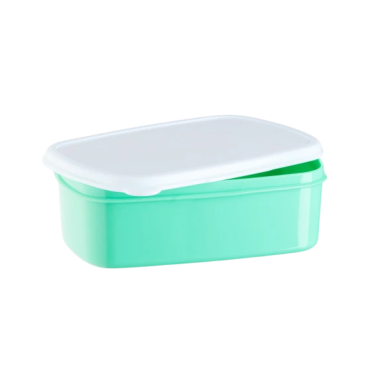Mintgrüner Aufbewahrungsbehälter mit weißem Deckel.