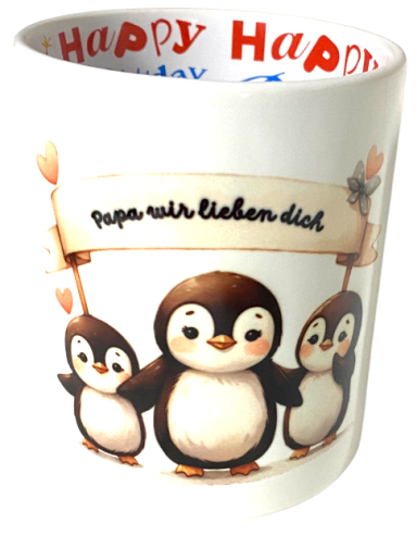 Tasse mit drei Pinguinen und der Aufschrift "Papa, wir lieben dich".