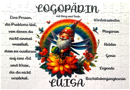 Fantasievolles Puzzle mit einem Gnom, Regenbogen und Blumen, personalisiert für Luisa.