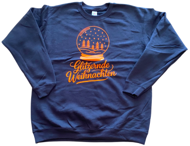 Blauer Sweatshirt mit orangefarbener Schrift und Design einer Schneekugel.