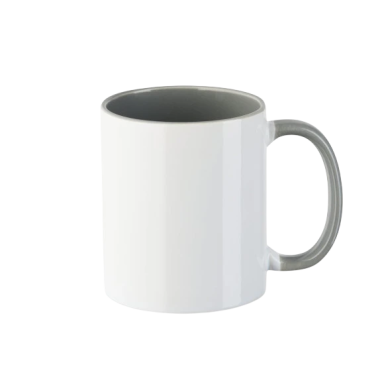 Weißer Kaffeebecher mit grauem Henkel und Innenfarbe.