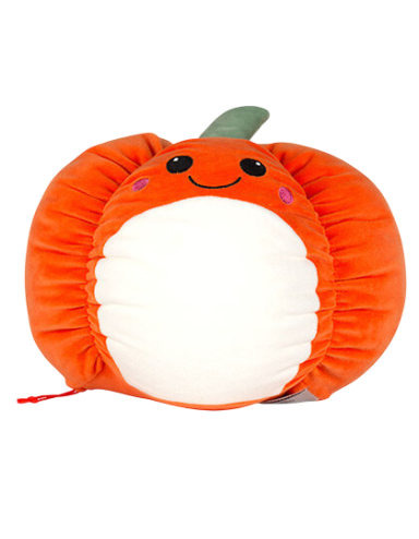 Kuschelkissen in Form einer orangefarbigen Kürbisse mit lächelndem Gesicht.