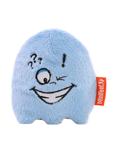 Blauer, plüschiger Geist mit einem lächelnden Gesicht und fröhlichem Ausdruck.