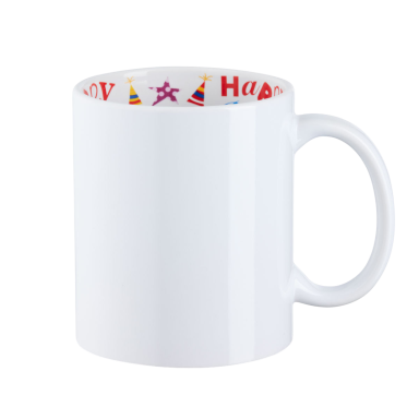 Weißer Kaffeebecher mit buntem, festlichem Innendruck.